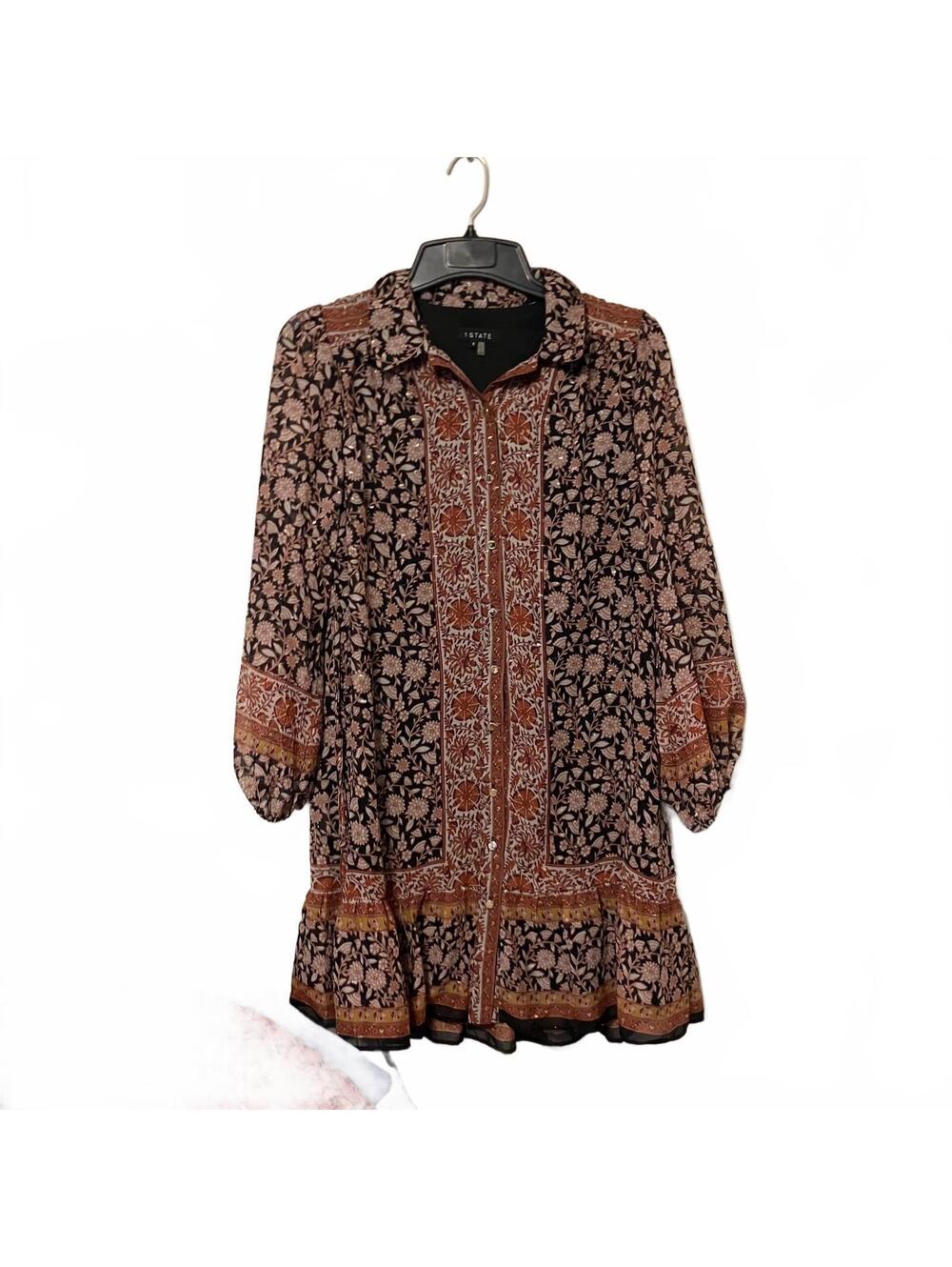 1.STATE Women's Brown Blue Boho Whimsical Floral Peasant Artsy Dress Size Small